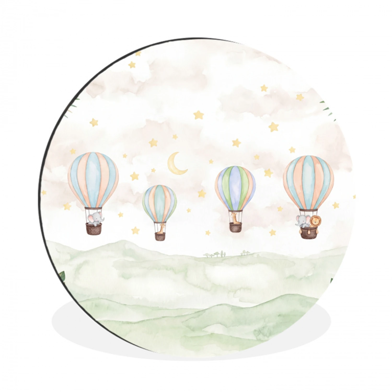 Aquarel - Luchtballonnen - Pastel Wandcirkel aluminium klein -3d
