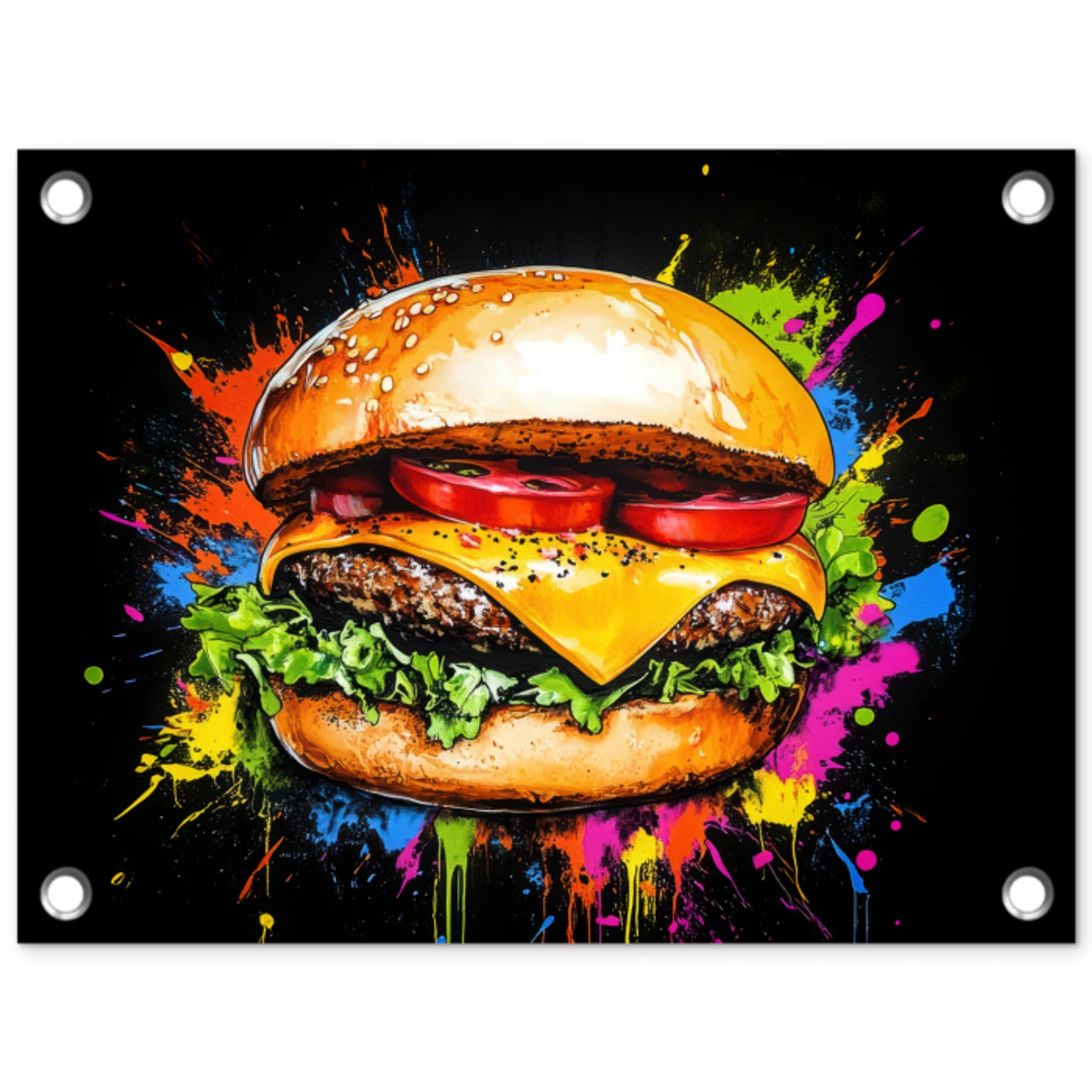 Hamburger - Graffiti - Verf - Kleurrijk - Eten - Abstract tuinposter los doek klein -3d