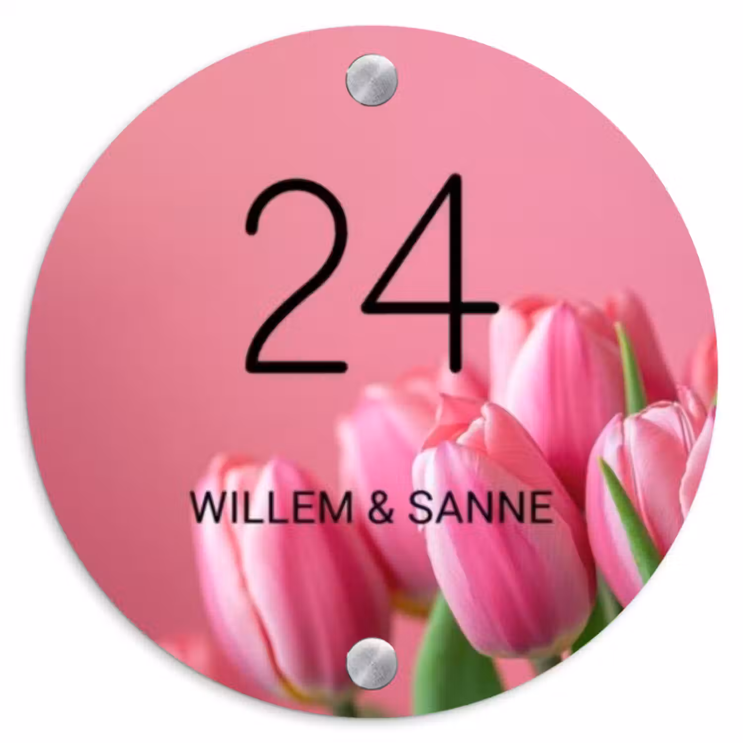 Naambordje voordeur - Rond - Roze tulpen - Klassiek