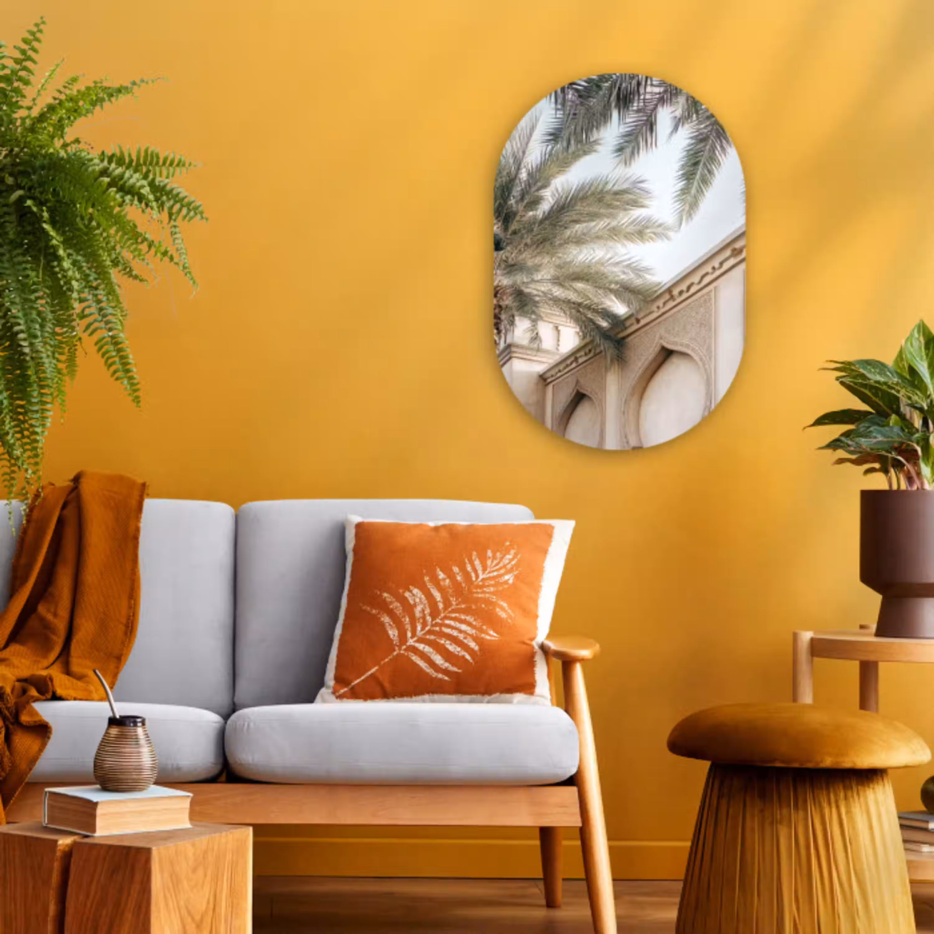 Gebouw - Palmbomen - Beige - Zon Wandcirkel Ovaal Forex klein -sfeer4