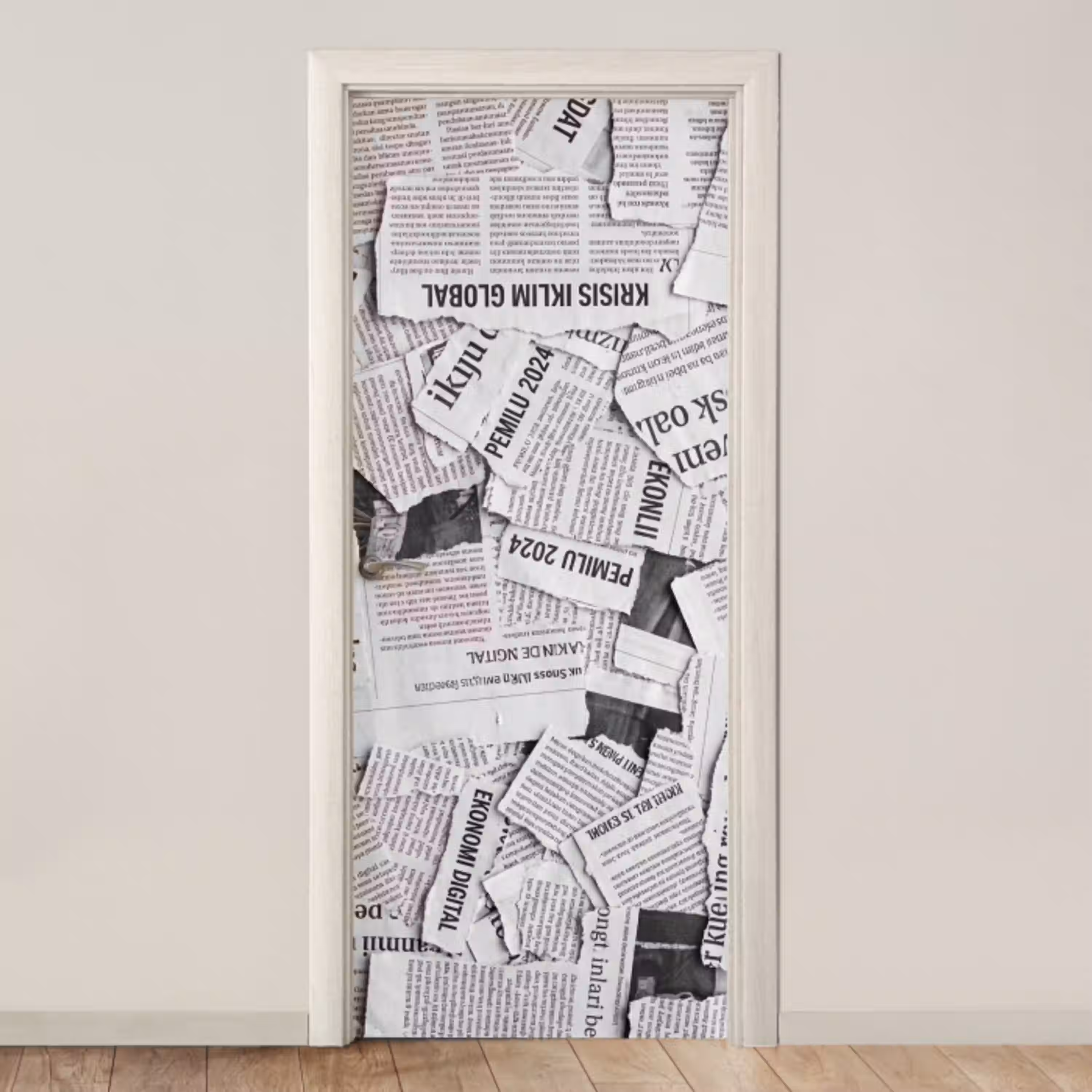 Krant - Versnipperd - Textuur - Zwart-wit - Abstract deurposter klein -3d_beige
