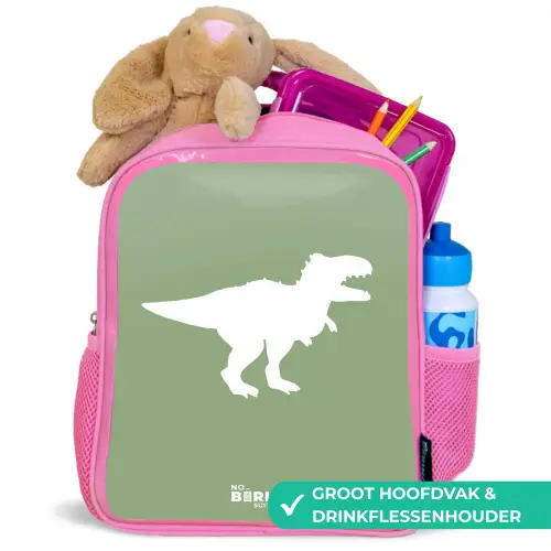 Groen met T-rex dino Kinderrugzak - Roze middel -inhoud_NL