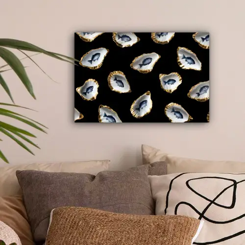 Oesters - Vissen - Blauw - Goud canvas 2cm klein -sfeer1