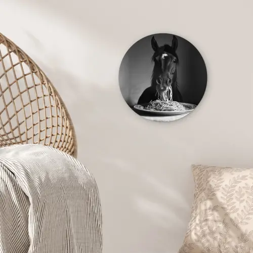Paard - Bord - Pasta - Tafelkleed - Zwart Wit - Dieren Wandcirkel plexiglas klein -sfeer5