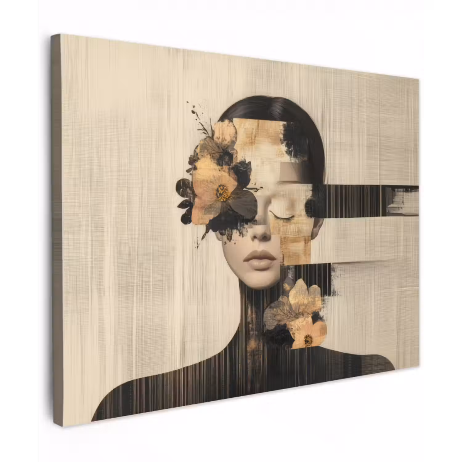 Canvas schilderij - Gezicht - Bloemen - Zwart - Vrouw