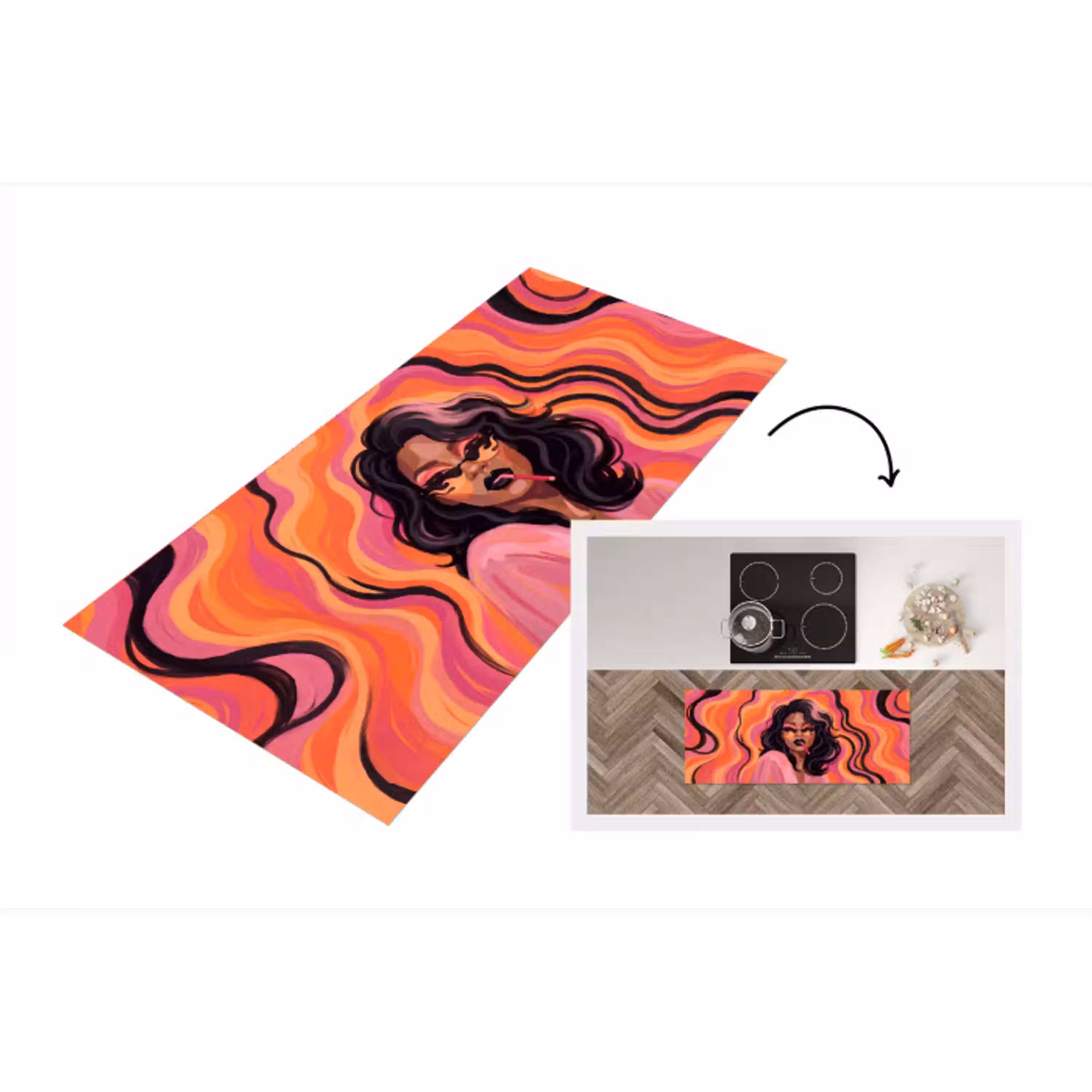 Vrouw - Zonnebril - Modern - Portret - Oranje Keukenloper - keukenmat middel -3d