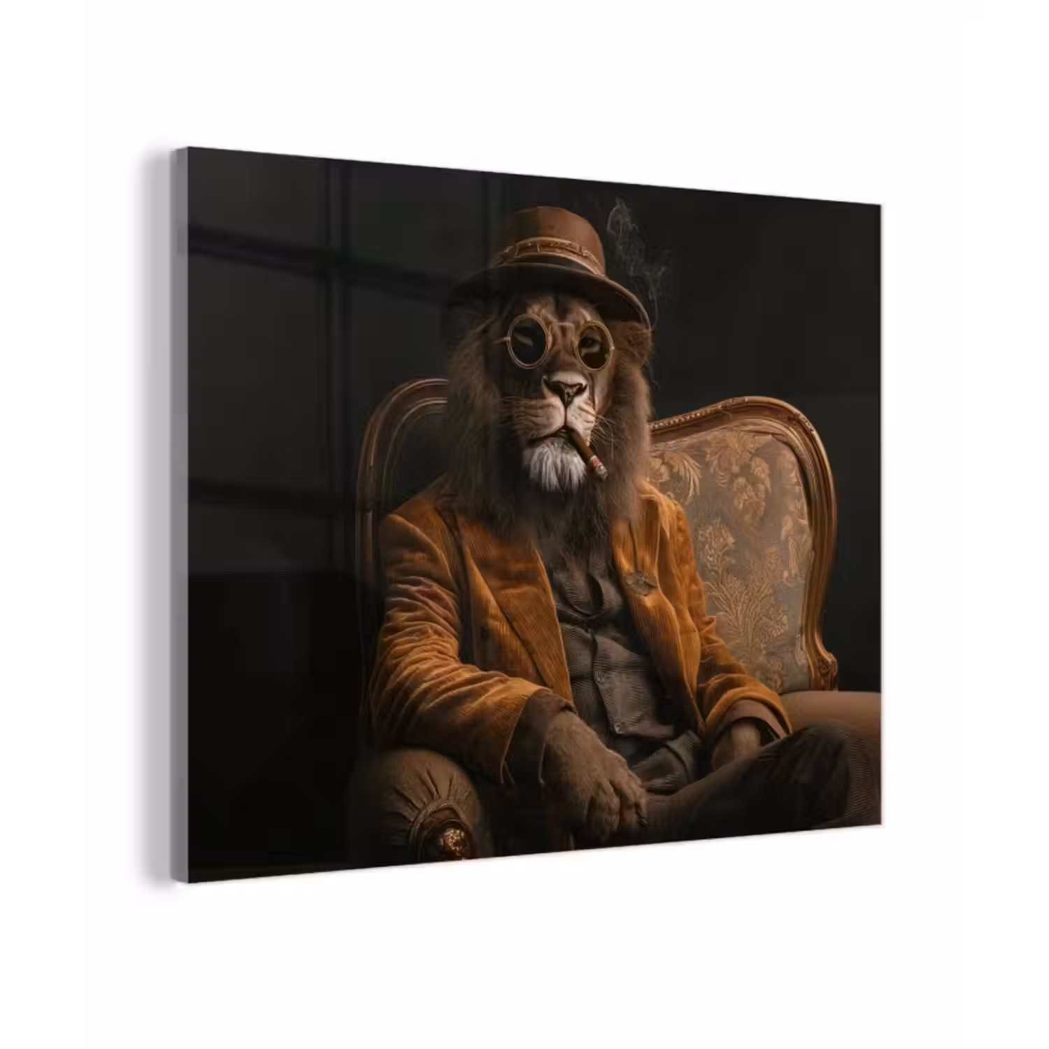 Glas schilderij - Bril - Leeuw - Bank - Hoed