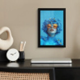 Vrouw - Bloem - Blauw - Modern - Bril - Portret fotolijst zwart zonder passe partout klein -sfeer1
