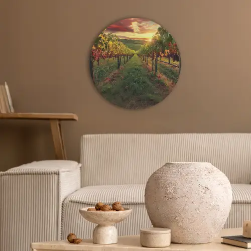 Wijngaard - Druiven - Zonsondergang Akoestische PET Vilt - Rond klein -sfeer1