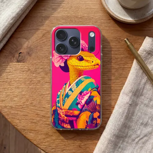 Hagedis - Bloemen - Roze - Kimono Telefoonhoesje iPhone 17 Pro klein -sfeer1