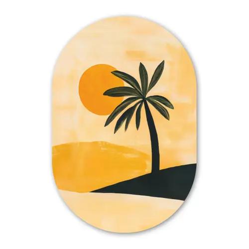 Illustratie - Palmboom - Zon - Heuvels Wandcirkel Ovaal Forex klein -3d
