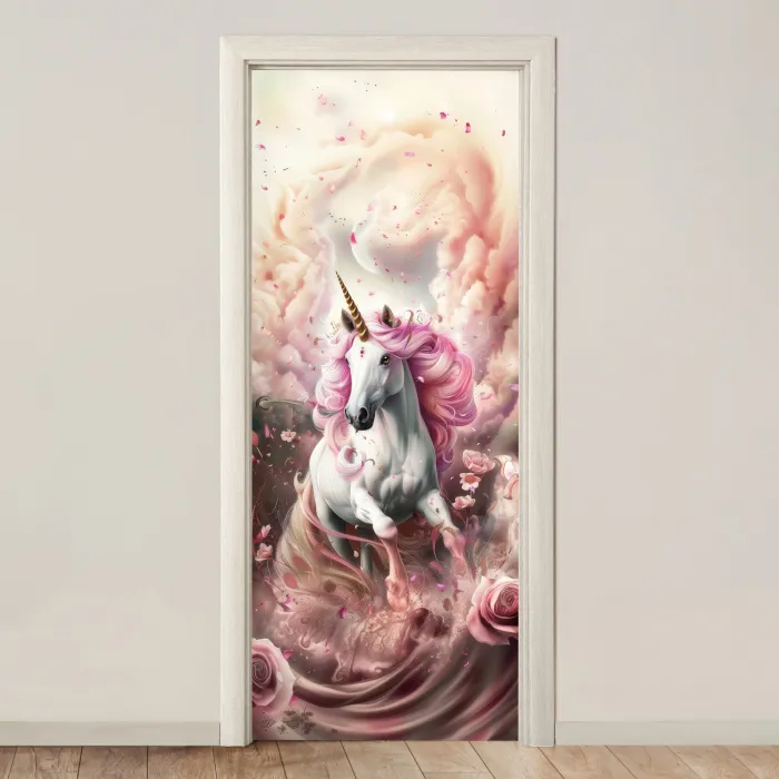 Eenhoorn - Meisje - Roze - Bloemen - Sprookje deurposter klein -3d_beige