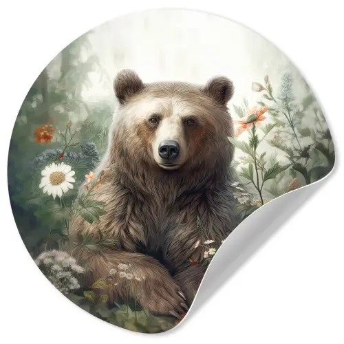 Bruine beer - Wilde dieren - Bloemen - Planten Wandcirkel behangsticker klein -3d