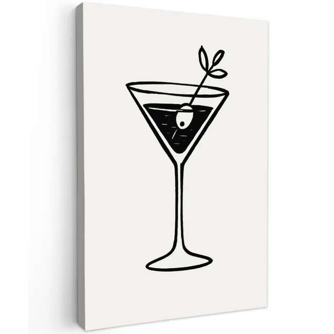 Cocktail - Glas - Olijf - Minimalistisch Tuinposter op houten frame 2 cm dik middel -3d