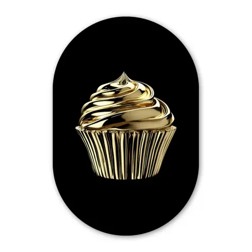Cupcake - Eten - Goud - Zwart Wandcirkel Ovaal Forex klein -3d