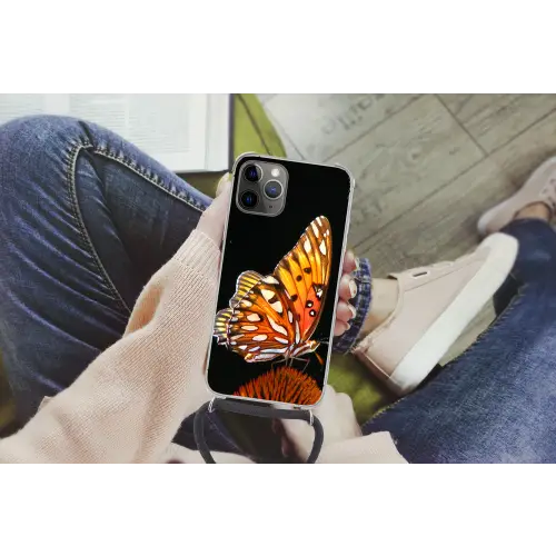 Vlinder - Bloemen - Insect - Portret - Zwart - Oranje Hoesje iPhone 12 Pro met koord klein -hand