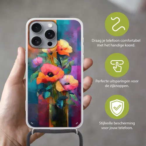 Geometrische kleurvlaken - Modern - Fantasiebloemen Hoesje iPhone 16 Pro Max met koord klein -sfeer2_NL