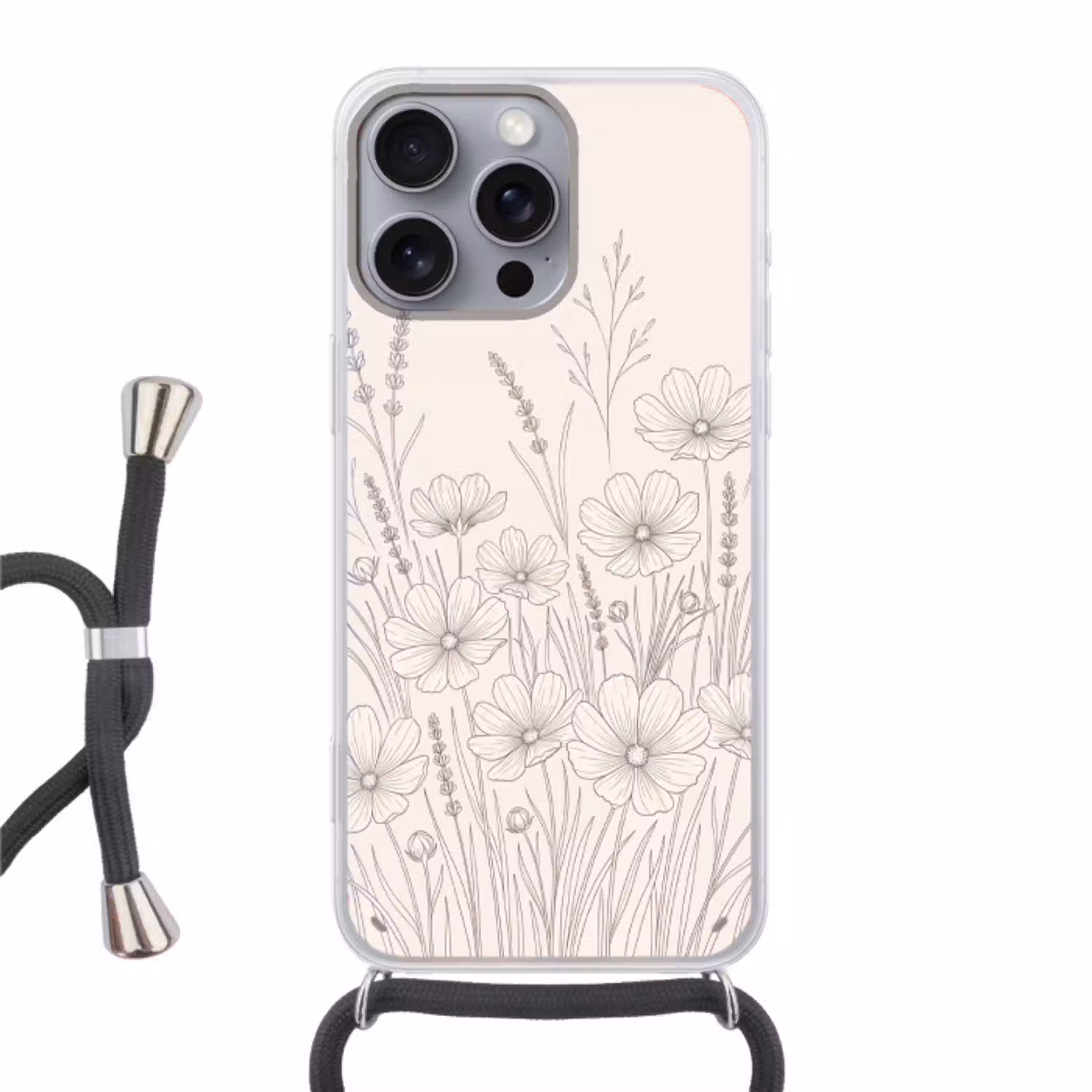 Minimalistisch - Modern - Bloemen - Beige Hoesje iPhone 16 Pro Max met koord klein -3d