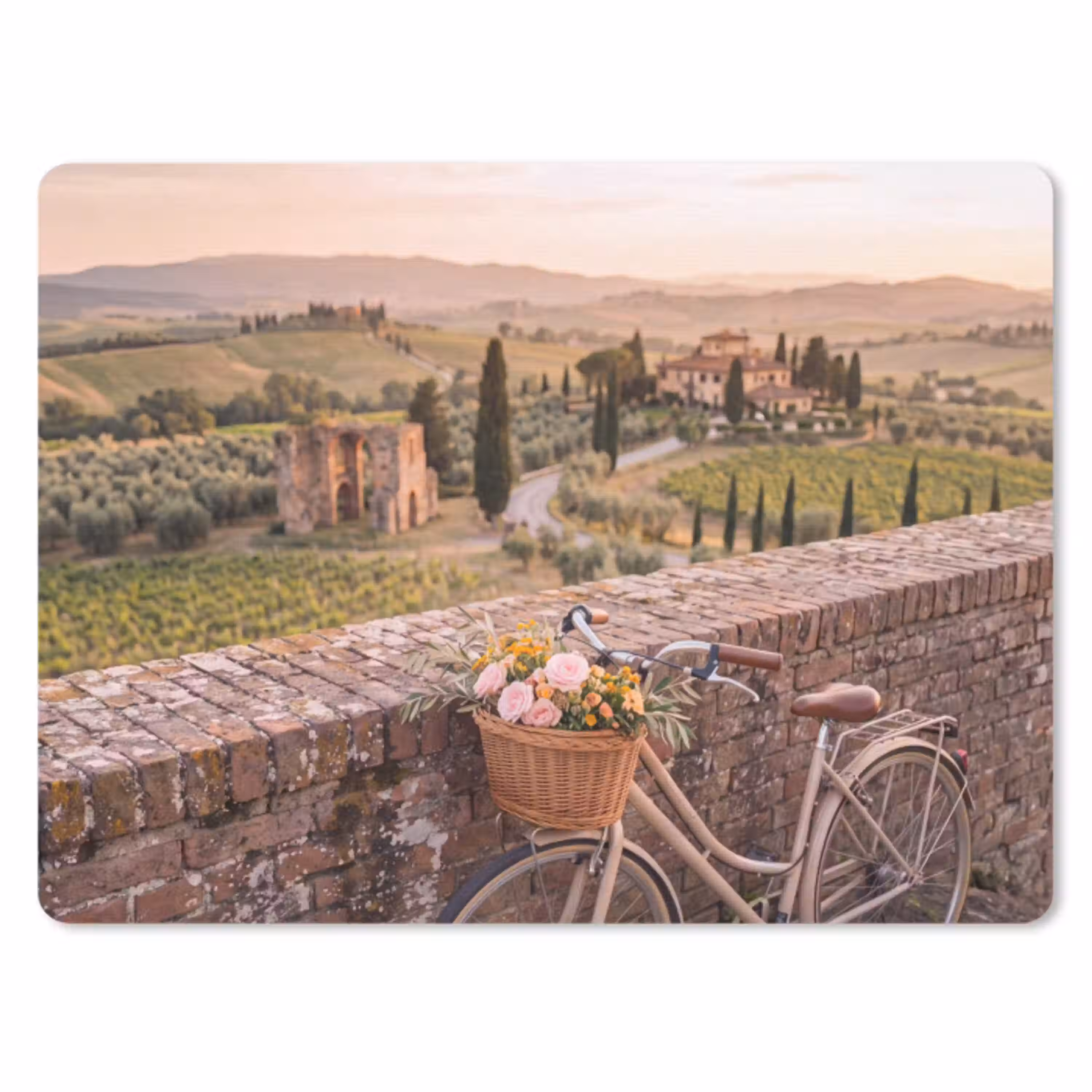 Fiets - Bloemen - Toscane - Landschap - Roze muismat rubber klein -3d