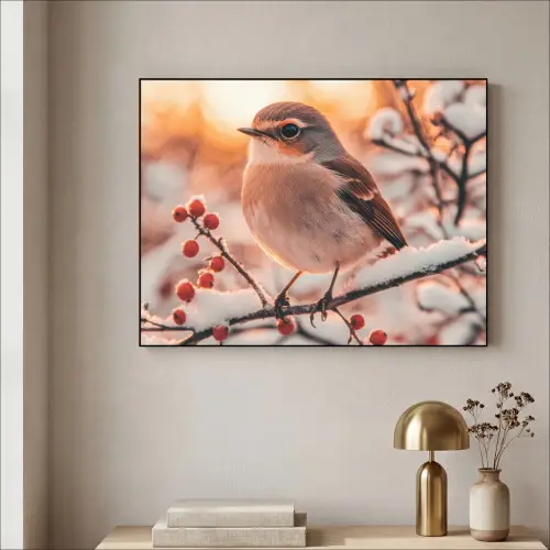Vogel - Tak - Winter - Dieren - Sneeuw Textielframe zwart klein -sfeer2