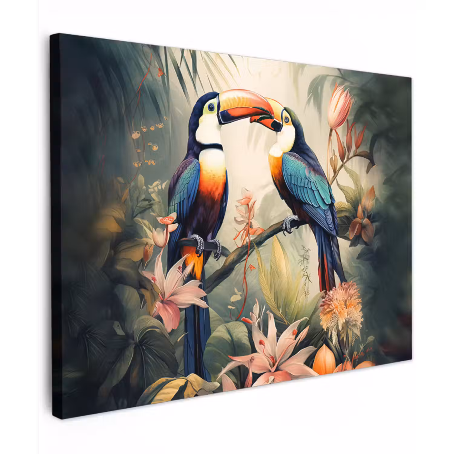 Canvas schilderij - Toekan - Vogels - Bloemen - Natuur - Jungle