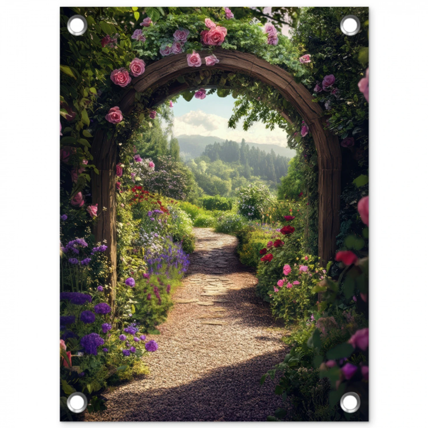 Doorkijk - Landschap - Bloemen - Rozenboog - Natuur tuinposter los doek klein -3d