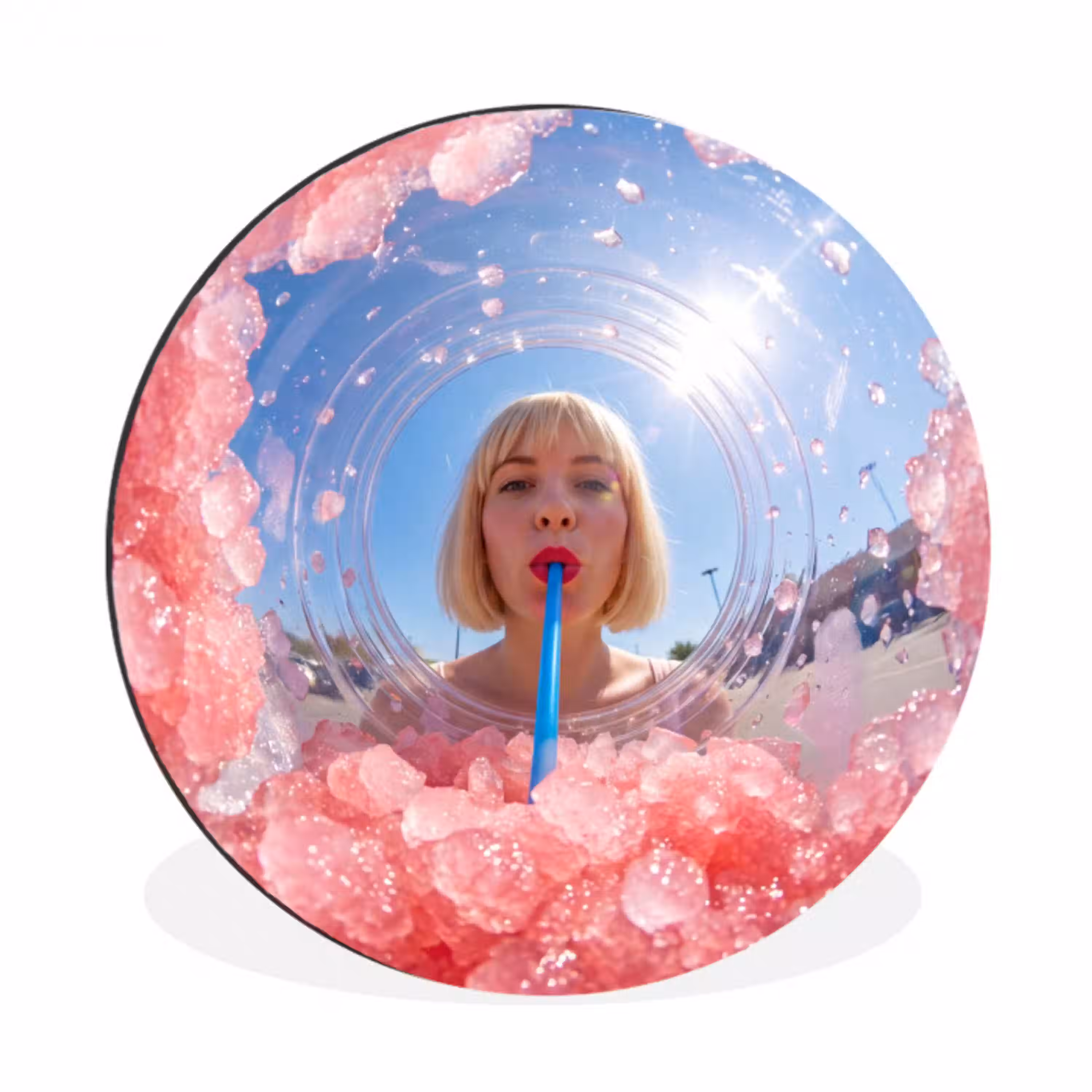 Vrouw - Drank - Zomer - Roze - Blauw Wandcirkel aluminium klein -3d
