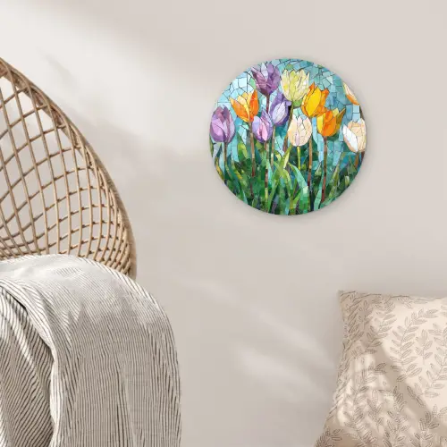 Mozaïek - Veld - Tulpen - Kleurrijk Wandcirkel plexiglas klein -sfeer5