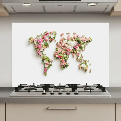 Wereldkaart - Bloemen - Subtiel keuken achterwand spatscherm klein -3d_website