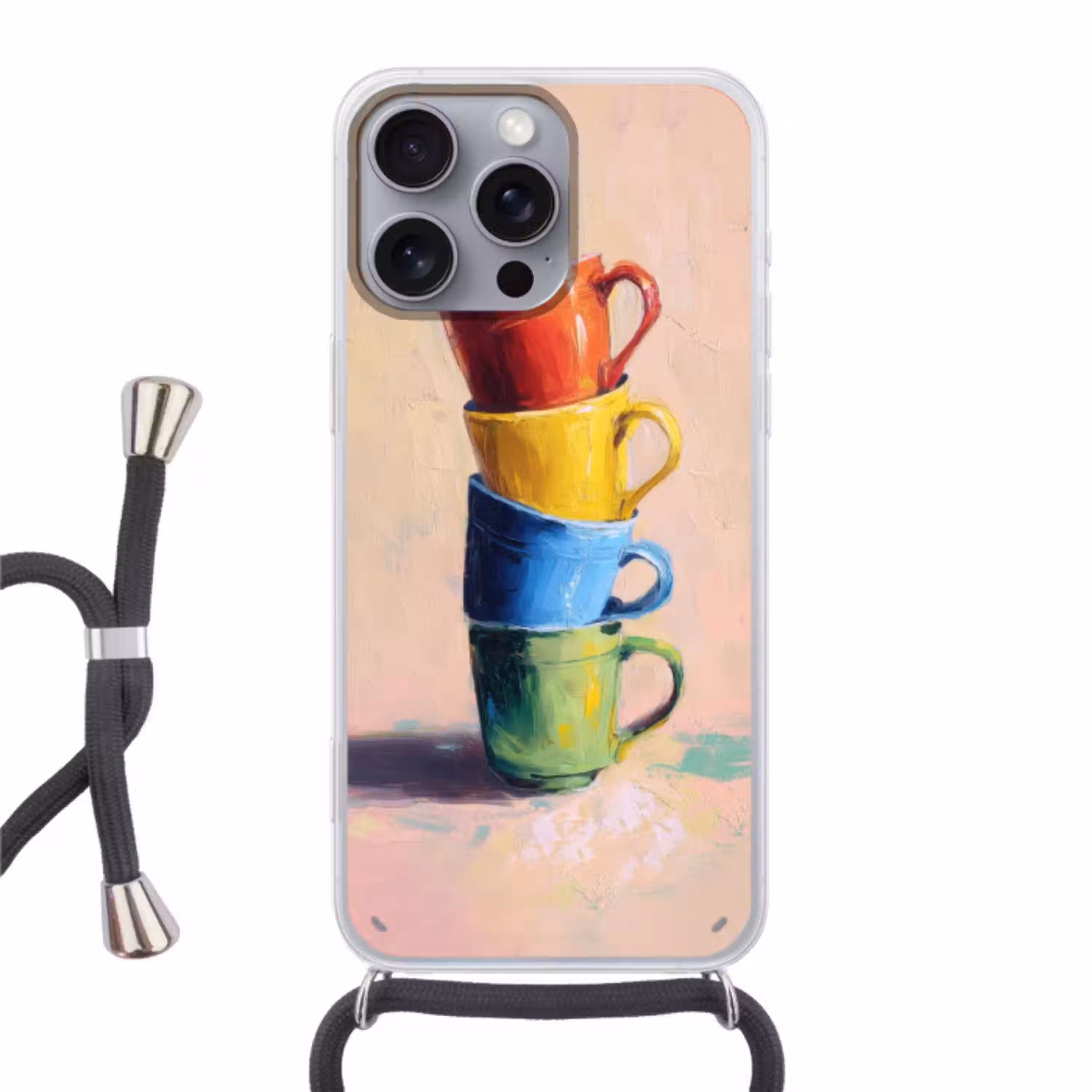 Mokken - Gestapeld - Keramiek - Kleurrijk Hoesje iPhone 16 Pro Max met koord klein -3d
