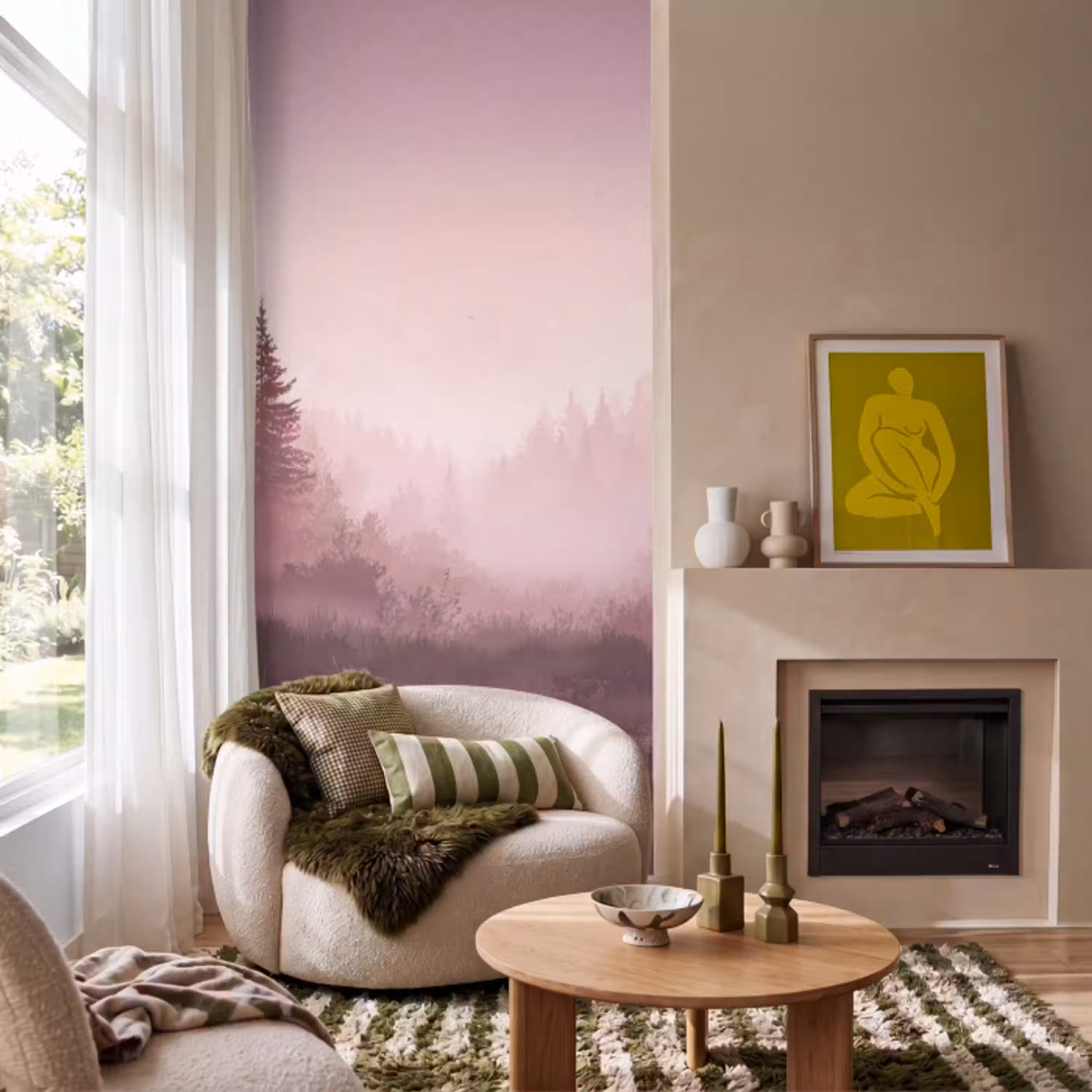 Landschap - Mistig - Roze Behang Vlies klein -sfeer2