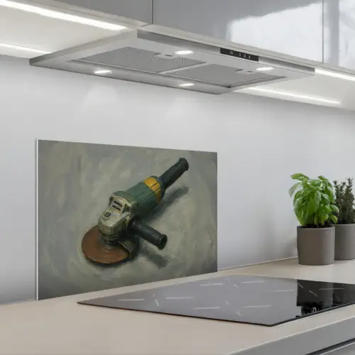 Haakse slijper - Schilderij - Gereedschap keuken achterwand spatscherm klein -3d_schuin