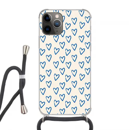 Hartjes patroon - Blauw - Beige - Liefde Hoesje iPhone 12 Pro met koord klein -3d