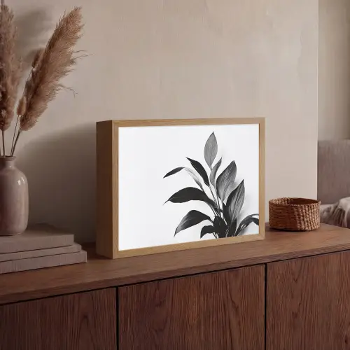 Plant - Bladeren - Minimalistisch - Zwart Light Box met batterij (Wandlamp) middel -sfeer2