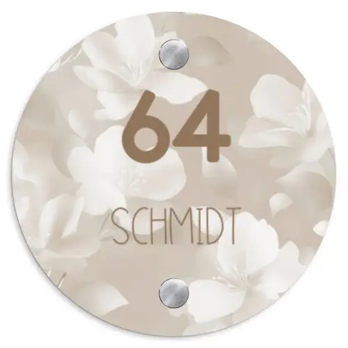 Beigefarbene Blumen - Modern Naambord Rond klein -3d