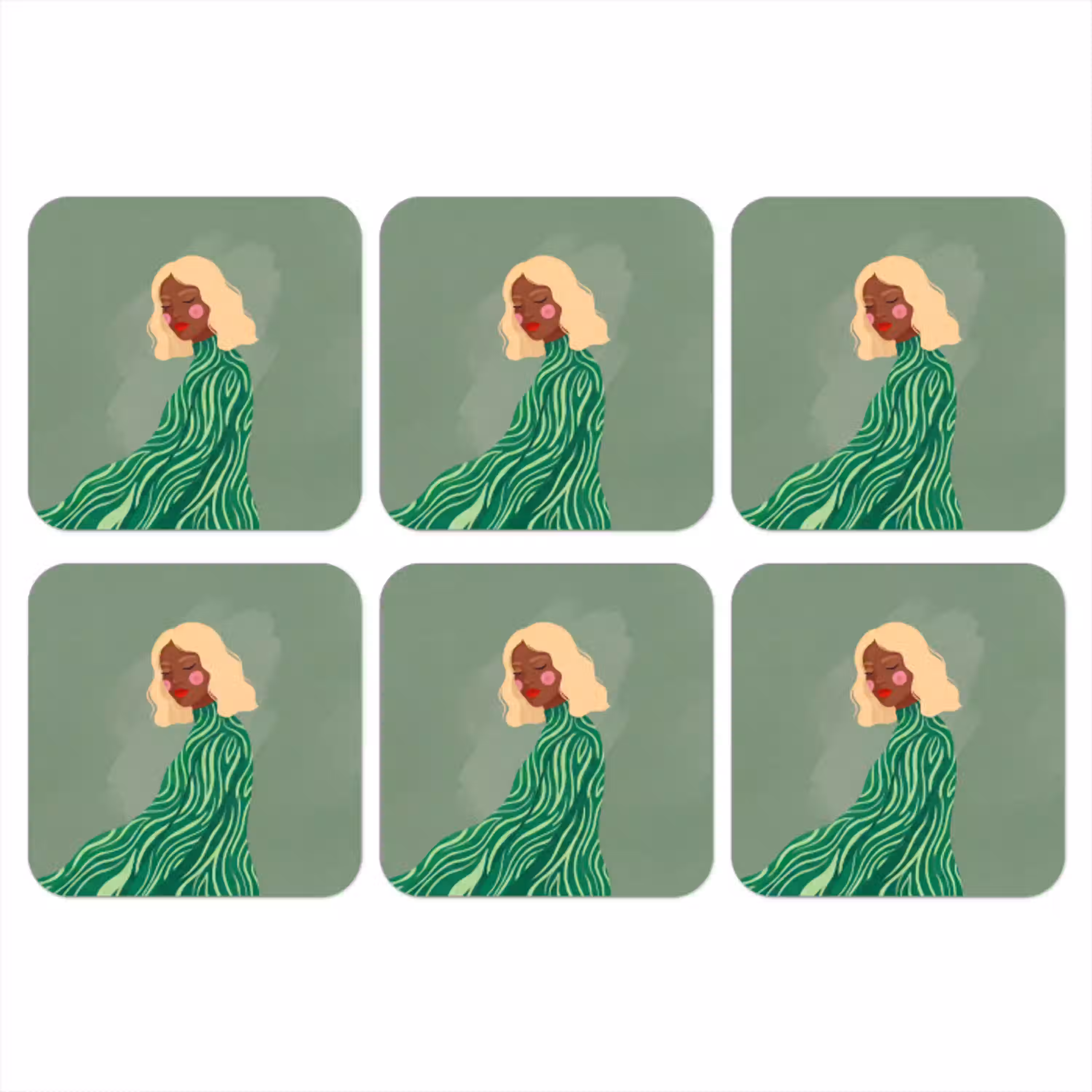 Vrouw - Portret - Illustratie - Modern - Groen onderzetter kurk middel -3d