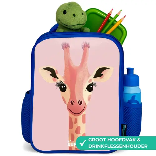 Giraffe - Wimpers - Minimalistisch - Roze Kinderrugzak - Blauw middel -inhoud_NL