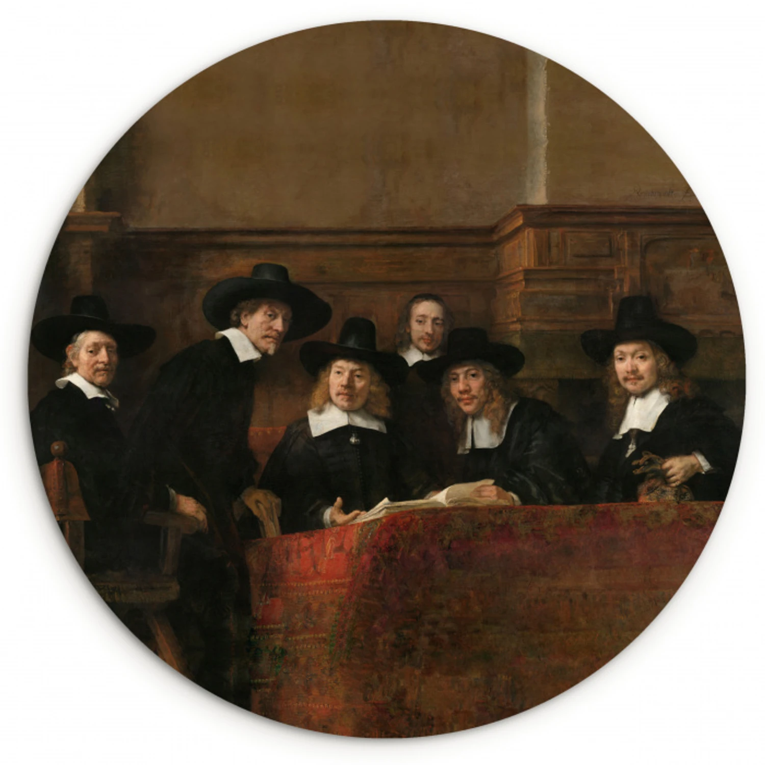 De staalmeesters - Schilderij van Rembrandt van Rijn Wandcirkel kunststof plaat 5mm dik klein -3d