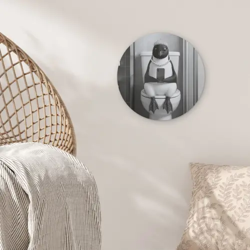 Pinguïn - Telefoon - Toilet - Zwart - Wit Akoestische PET Vilt - Rond klein -sfeer4