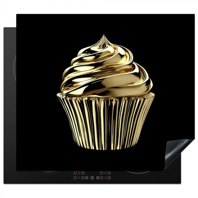 Cupcake - Eten - Goud - Zwart Inductie beschermer vinyl 3mm middel -3d