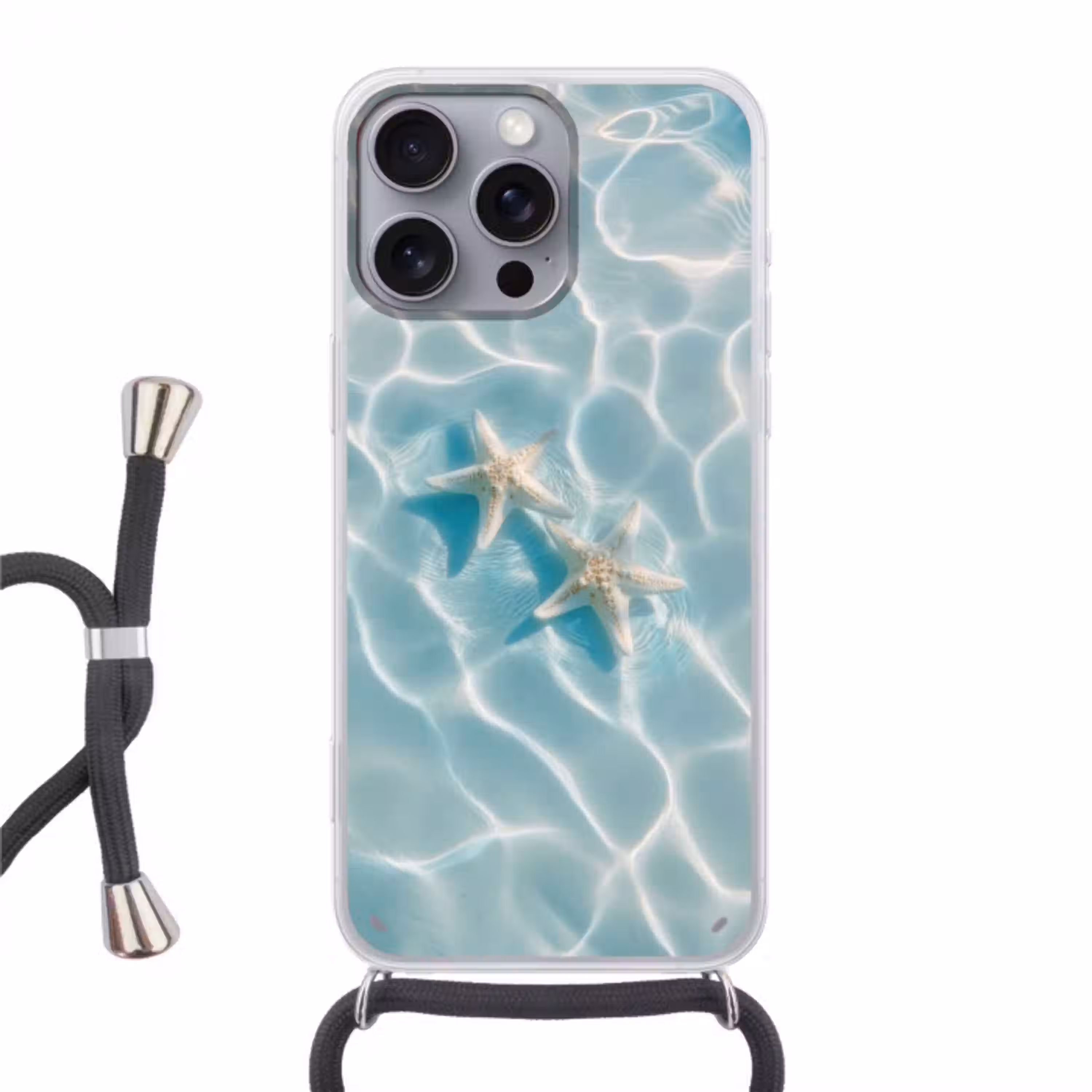 Zeesterren - Golvend water - Rustgevend Hoesje iPhone 16 Pro Max met koord klein -3d