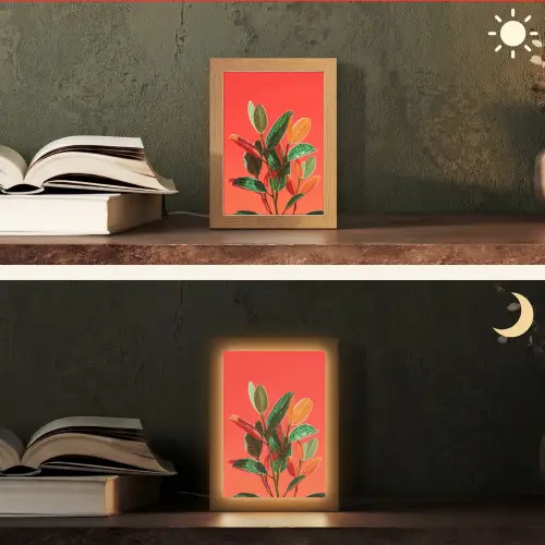 Bladeren - Nerven - Oranje - Structuur Light Box met kabel (Tafellamp) klein -sfeer3