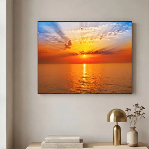 Zonsondergang - Zee - Lucht - Oranje - Horizon - Water Textielframe zwart klein -sfeer2