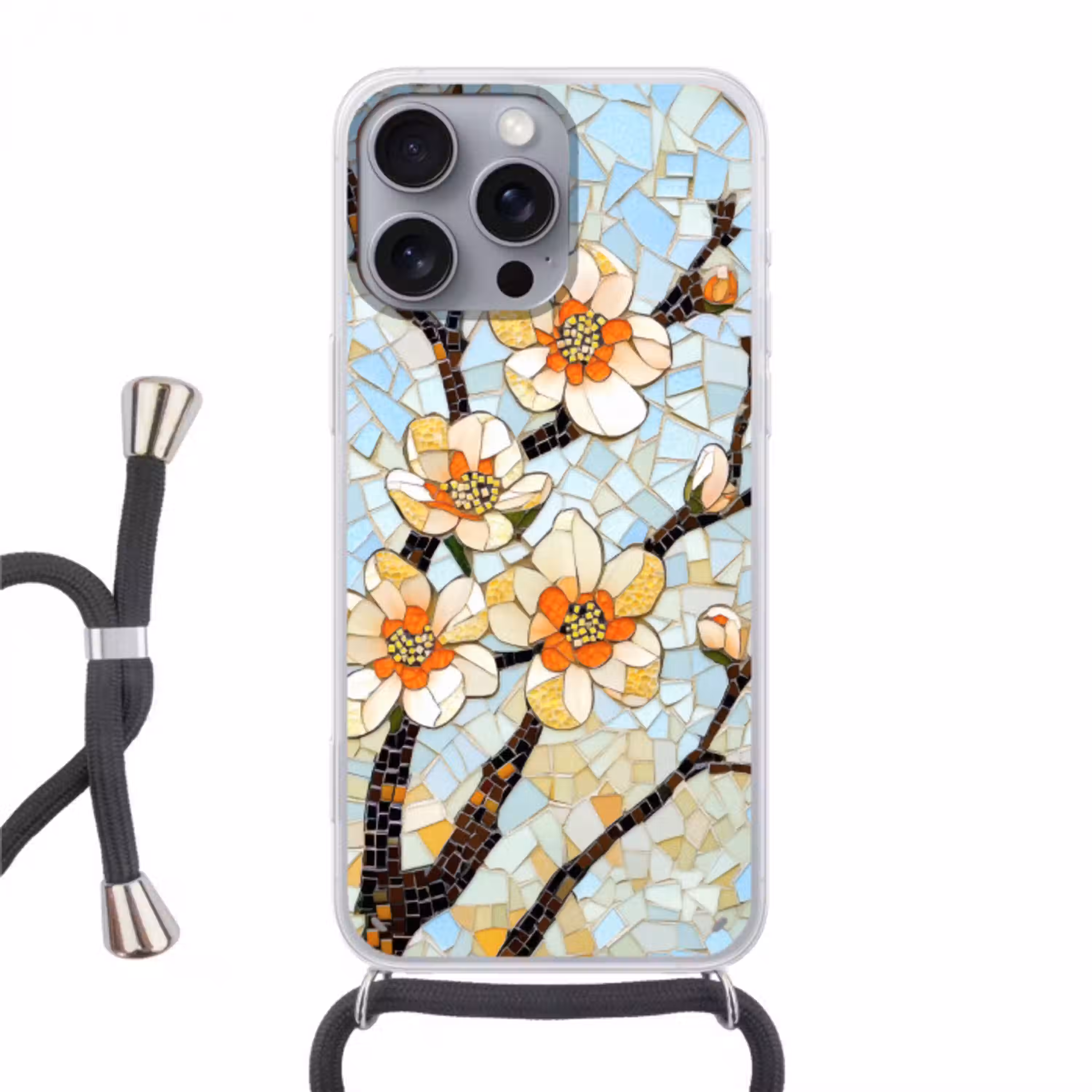Bloesems - Wit - Mozaïek - Tak Hoesje iPhone 16 Pro Max met koord klein -3d