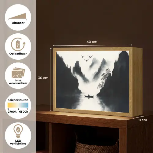 Roeiboot - Mistig - Bergen - Vogels Light Box met batterij (Wandlamp) middel -USP_websiteoverzichtNL