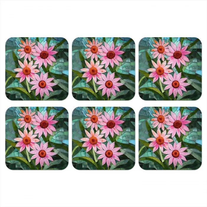 Bloemen - Roze - Glasmozaïek onderzetter kurk middel -3d
