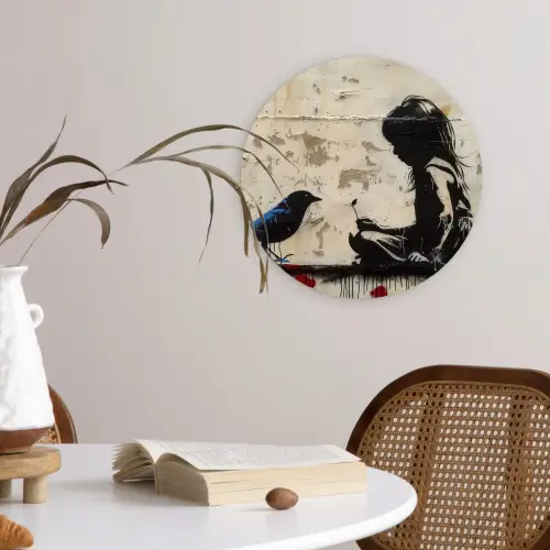 Street art - Meisje - Vogel - Graffiti - Banksy Wandcirkel kunststof plaat 5mm dik klein -sfeer4