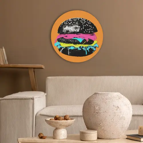 Hamburger - Oranje - Neon - popart Akoestische PET Vilt - Rond klein -sfeer1