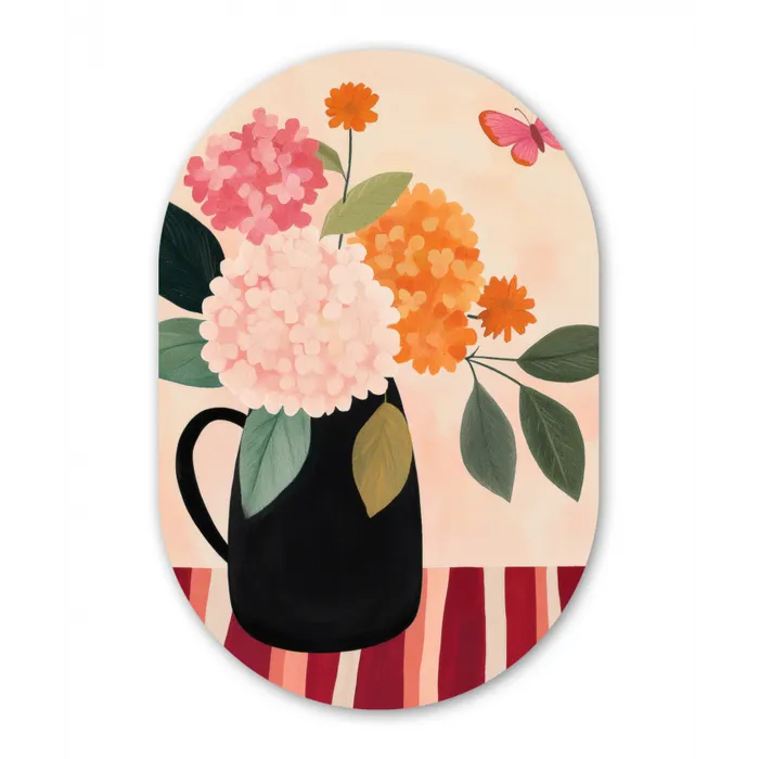 Vaas - Bloemen - Vlinder - Rood Wandcirkel Ovaal Glas middel -3d