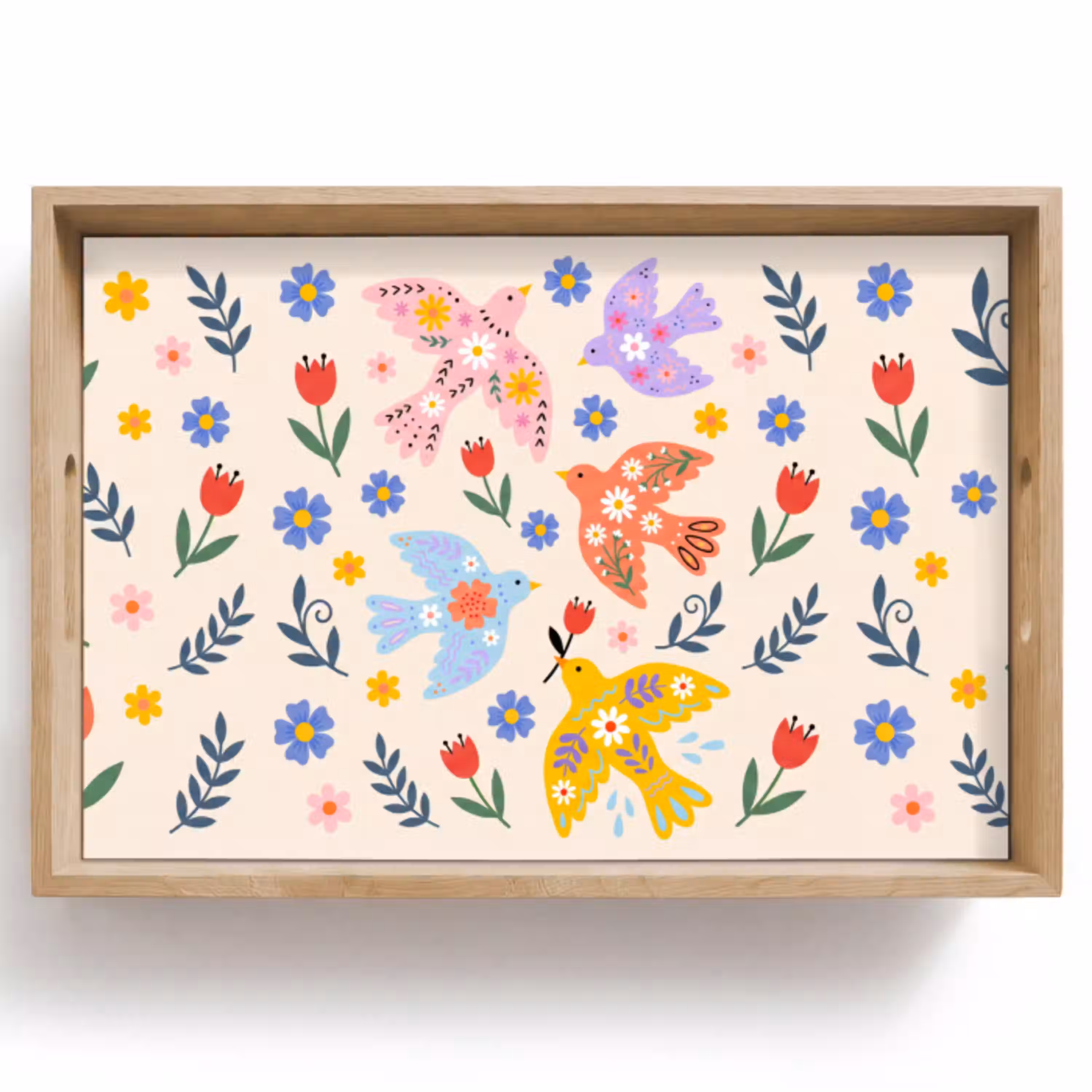 Vogel - Bloemen - Folk - Kleurrijk - Dieren Dienblad Rechthoek middel -z3d_shopping